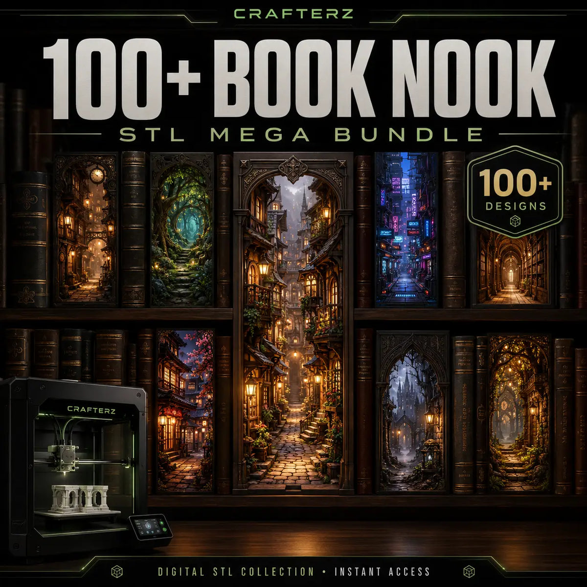 100+ Book Nook STL Mega Bundle – 3D Printable Miniature Book Nook Designs | Crafterz