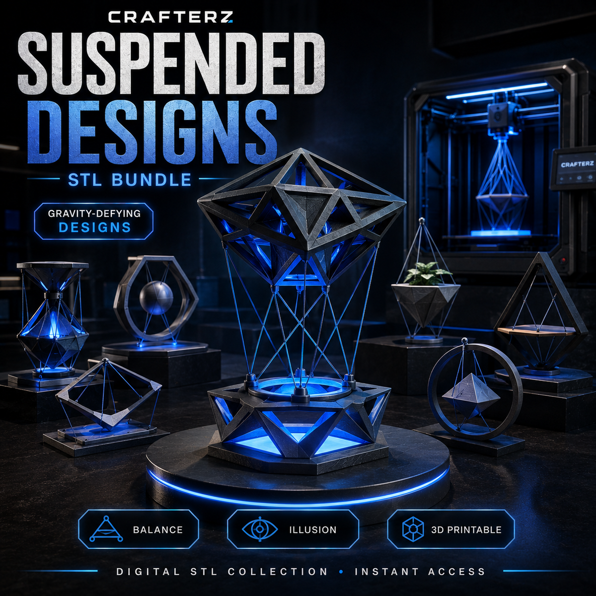 Suspended Designs STL Bundle – Gravity-Defying 3D Printable Display Collection | Crafterz