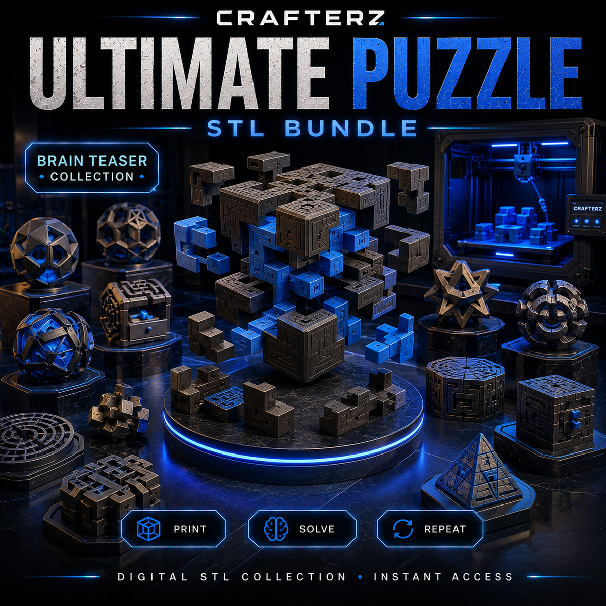 Ultimate Puzzle STL Bundle – 3D Printable Brain Teasers, Interlocking Puzzles and Interactive Designs | Crafterz
