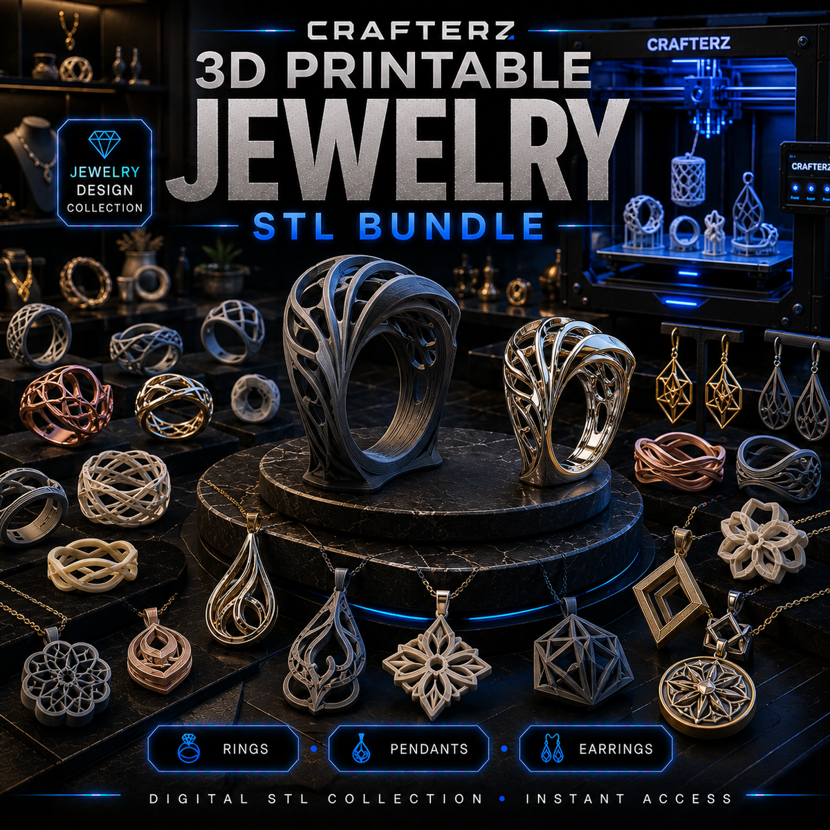 3D Printable Jewelry STL Bundle – Ring, Pendant, Earring and Decorative Accessory Designs | Crafterz