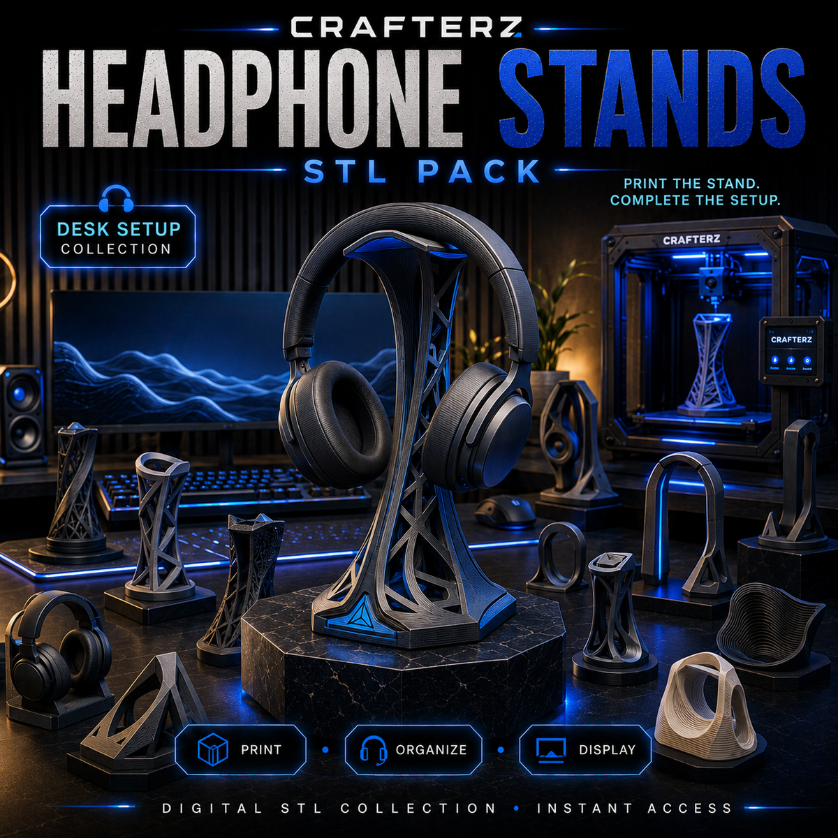 Headphone Stand STL Pack – 3D Printable Modern Gaming and Desk Headset Holder Designs | Crafterz