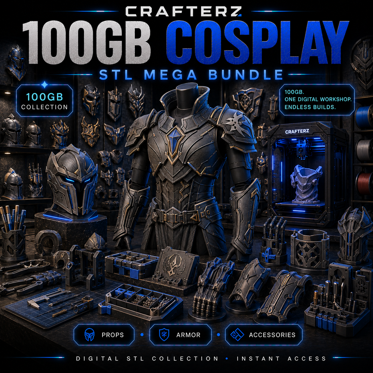 100GB Cosplay STL Mega Bundle – 3D Printable Props, Armor and Costume Accessory Collection | Crafterz